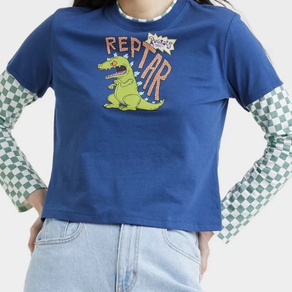 Rugrats Reptar Nickelodeon Shirt Girls Youth XS - Blue & Green Checker Print